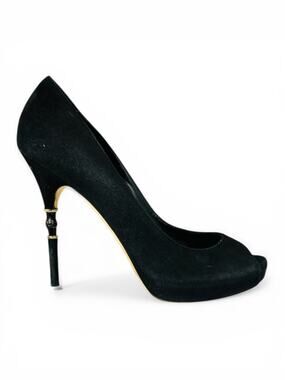 Gucci Black Suede Bamboo Heel Peep Toe Platform Pumps Size 39.5